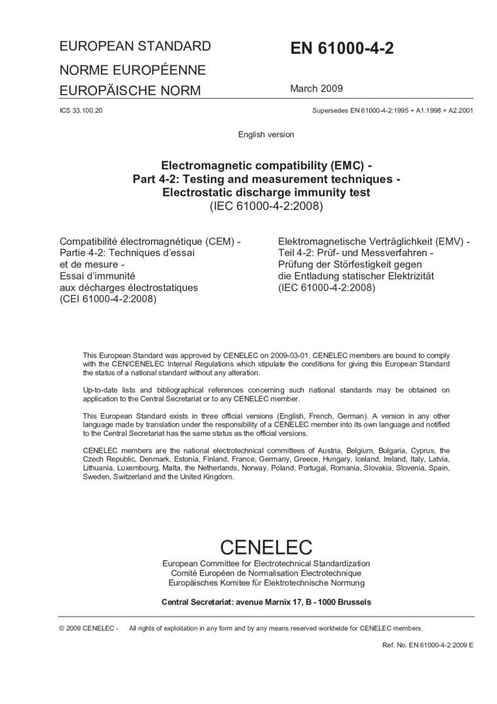 EN IEC  61000-4-2:2009電磁兼容 試驗和測量技術 靜電放電抗擾度試驗