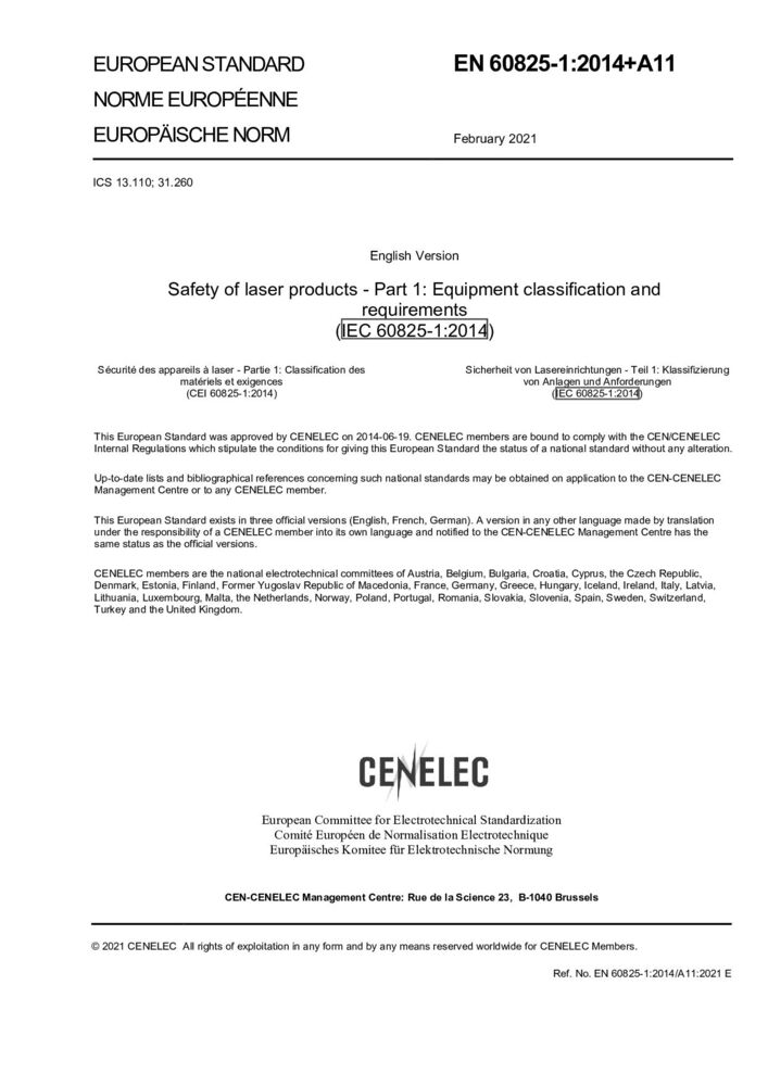 EN 60825-1: 2014+A11:2021激光產品的安全 第1部分：設備分類、要求