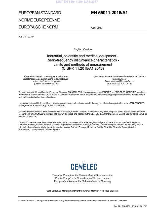 EN 55011:2016+A1:2017工業、科學和醫療(ISM)射頻設備 騷擾特性 限值和測量方法